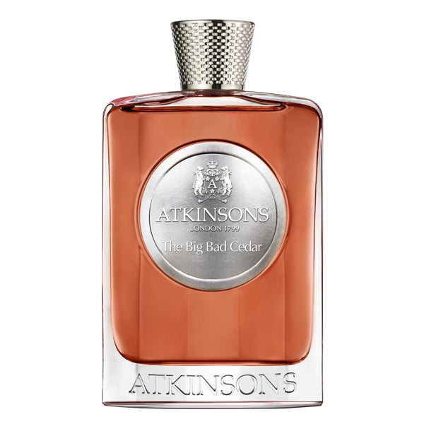 Atkinsons 1799 - The Big Bad Cedar eleganter bernsteinfarbener Flakon mit silbernem Emblem und strukturiertem Verschluss