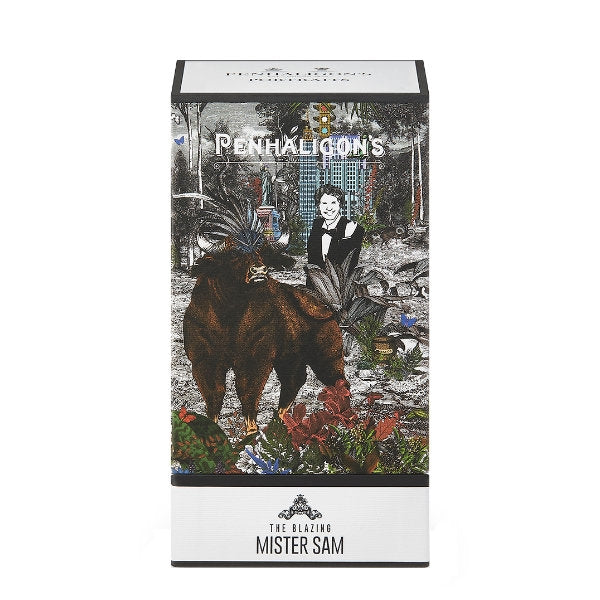 Penhaligon's - Portraits - The Blazing Mister Sam Verpackung mit künstlerischem Tiermotiv und urbanem Hintergrund vor weißem Hintergrund