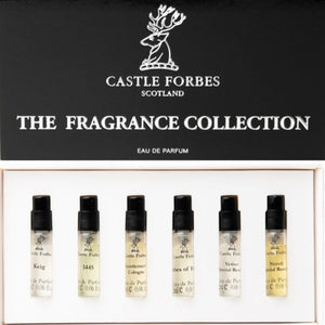 Castle Forbes - Discovery Set mit sechs eleganten Duftproben in schwarzer Verpackung und minimalistischer Gestaltung