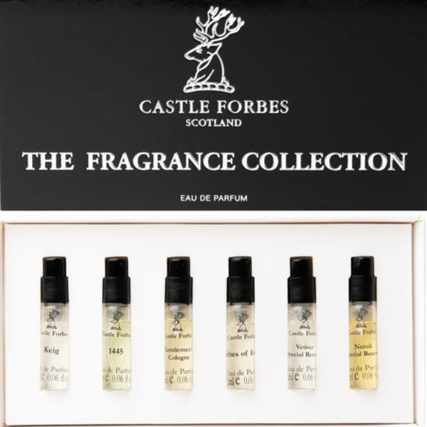 Castle Forbes - Discovery Set mit sechs eleganten Duftproben in schwarzer Verpackung und minimalistischer Gestaltung