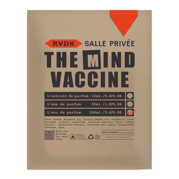 Salle Privée - The Mind Vaccine x RVDK Parfumprobe in brauner Verpackung mit schwarz-roter Schriftgestaltung