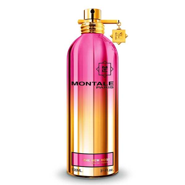 Montale - The New Rose Parfumflakon mit pink-goldenem Farbverlauf und goldfarbenem Spraykopf vor weißem Hintergrund