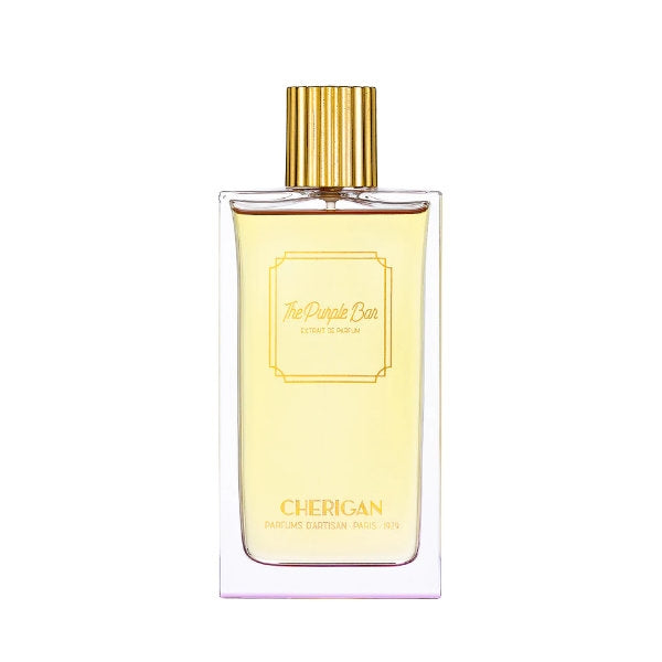 Cherigan - The Purple Bar Parfumflakon mit goldfarbenem Verschluss und hellem Duft in klarem Glas vor weißem Hintergrund
