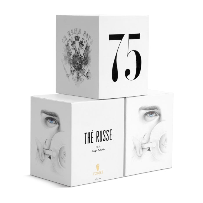 L'Objet - Thé Russe Candle - No.75 Verpackung mit minimalistischem Design und künstlerischem Augendetail in Weiß und Schwarz