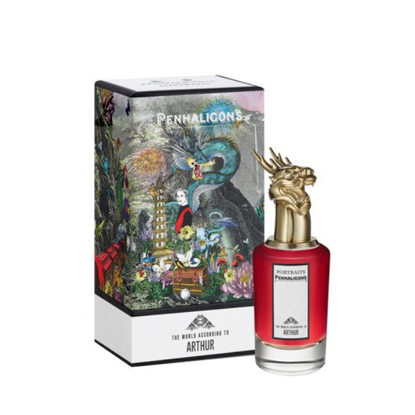 Penhaligon's - Portraits - The World According to Arthur Parfumflakon mit rotem Glas und goldenem Hirschkopfverschluss vor Fantasiebox