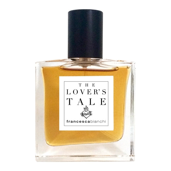 Francesca Bianchi - The Lover's Tale klarer eckiger Flakon mit schwarzem Verschluss und bernsteinfarbener Flüssigkeit vor weißem Hintergrund