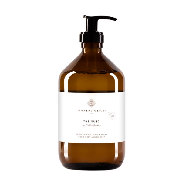Essential Parfums - The Musc - Liquid Soap in bernsteinfarbener Flasche mit schwarzem Pumpspender für zarte Reinigung
