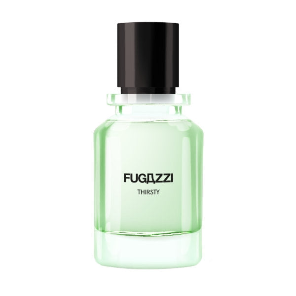 Fugazzi - Thirsty Parfumflakon mit hellem grünem Duft und schwarzem Verschluss vor weißem Hintergrund minimalistisch dargestellt