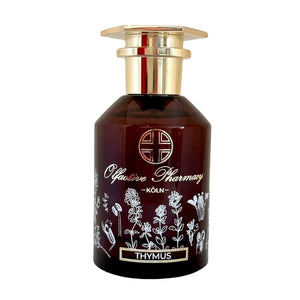 Olfactive Pharmacy - Thymus Parfümflakon mit goldfarbenem Verschluss und botanischem Design vor weißem Hintergrund