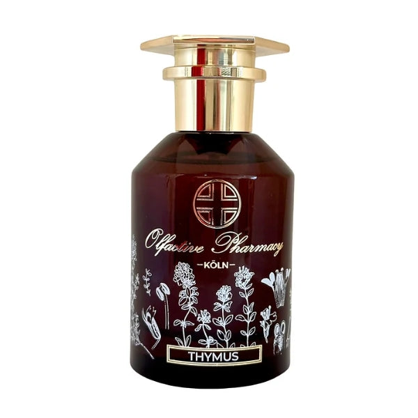 Olfactive Pharmacy - Thymus Parfümflakon mit goldfarbenem Verschluss und botanischem Design vor weißem Hintergrund