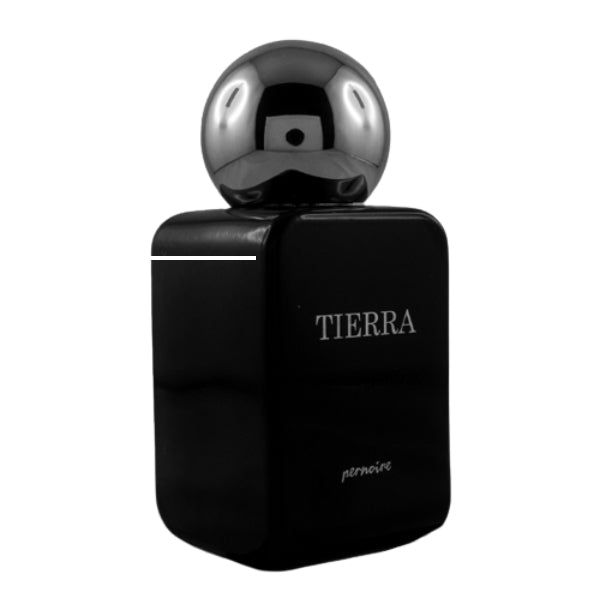 Pernoire - Tierra Parfumflakon in schwarzem, glänzendem Design mit großer silberner Kugelkappe und minimalistischer Schriftzug