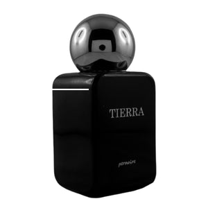 Pernoire - Tierra Parfumflakon in schwarzem, glänzendem Design mit großer silberner Kugelkappe und minimalistischer Schriftzug