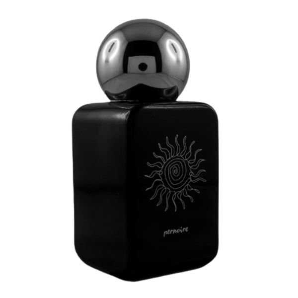 Pernoire - Tierra Parfumflakon in mattschwarzer Flasche mit glänzender silberner Kugelkappe und Sonnendesign