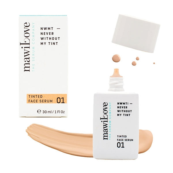 mawiLove - 01 - NWMT! - NEVER without my TINT - Tinted Face Serum - in schlichter Flasche mit Serumklecks und Verpackung
