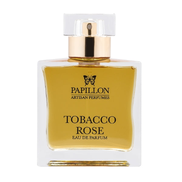 Papillon Perfumery - Tobacco Rose Parfümflakon mit goldgelber Flüssigkeit und klarem Verschluss vor weißem Hintergrund