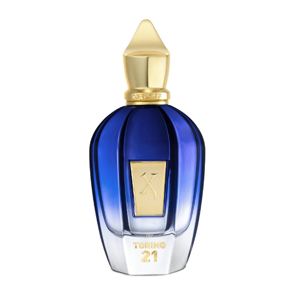 Xerjoff - Join The Club - Torino 21 Parfumflakon in Blau mit goldfarbenem Verschluss vor weißem Hintergrund
