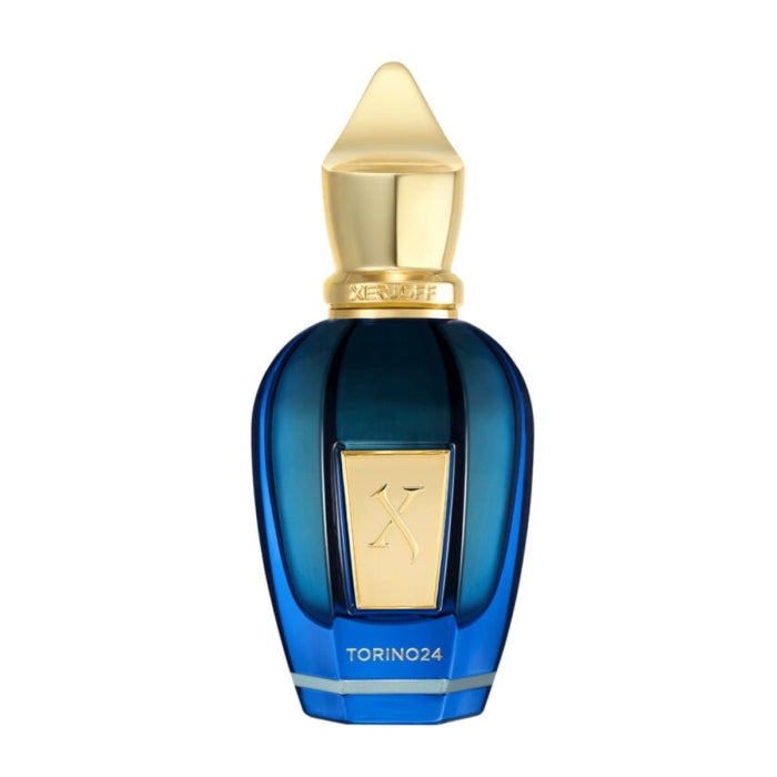 Xerjoff - Join The Club - Torino 24 Parfumflakon in tiefblauem Glas mit goldfarbenem Verschluss und minimalistischer Frontgestaltung