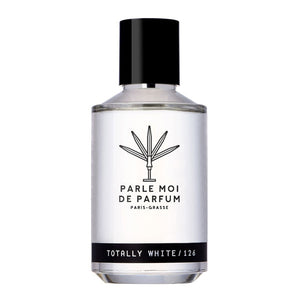 Parle Moi de Parfum - Totally White / 126 klarer runder Flakon mit schlichtem schwarzem Verschluss vor weißem Hintergrund