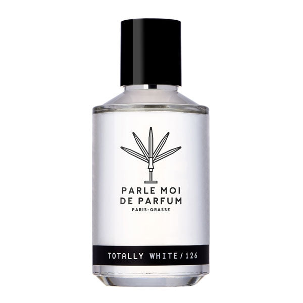 Parle Moi de Parfum - Totally White / 126 klarer runder Flakon mit schlichtem schwarzem Verschluss vor weißem Hintergrund