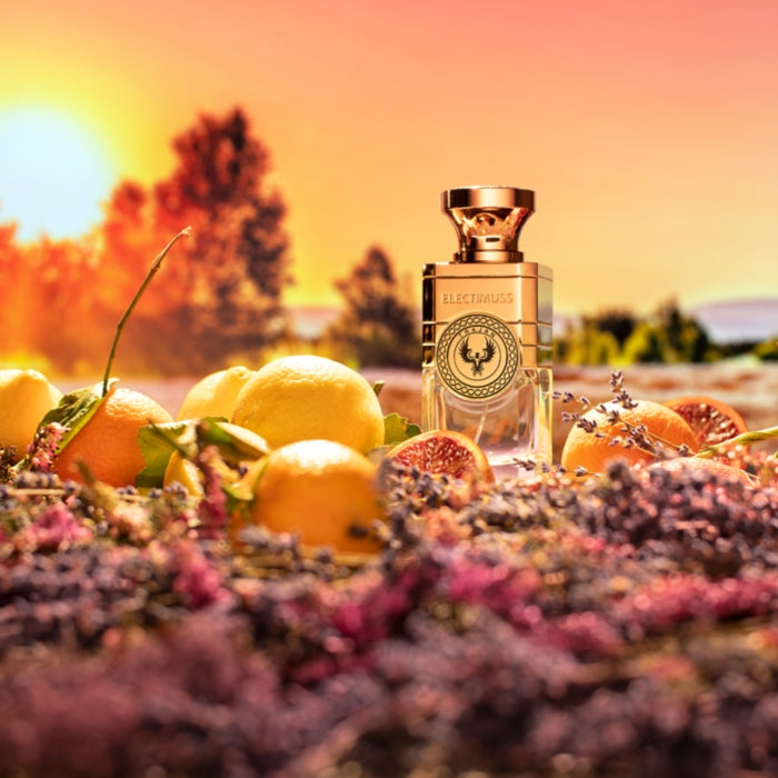 Electimuss - Trajan Flakon mit goldenem Verschluss umgeben von Zitrusfrüchten und Lavendel bei Sonnenuntergang