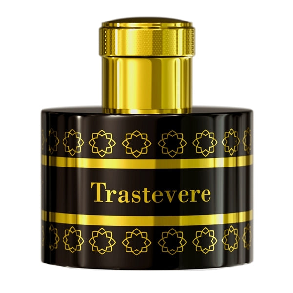Pantheon Roma - Trastevere Parfum in schwarz-goldener Flasche mit floralen Mustern und edlem Verschluss vor weißem Hintergrund