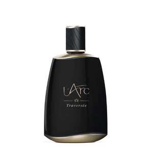 L'Arc Parfums - Voyage Collection - Traversée Parfumflakon in elegantem Schwarz mit goldenen Details vor weißem Hintergrund