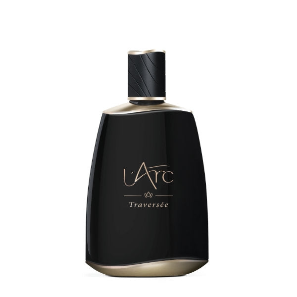 L'Arc Parfums - Voyage Collection - Traversée Parfumflakon in elegantem Schwarz mit goldenen Details vor weißem Hintergrund