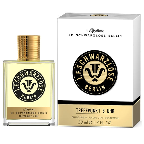 J. F. Schwarzlose Berlin - Treffpunkt 8 Uhr Flakon mit goldenem Verschluss und elegantem minimalistischen Verpackungsdesign