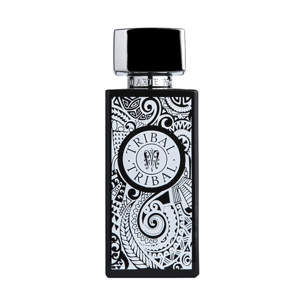 Arte Profumi - Tribal Parfumflakon mit schwarzem Gehäuse und weißem Tribal-Muster vor weißem Hintergrund