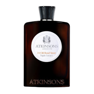 Atkinsons 1799 - 24 Old Bond Street - Triple Extract Flakon in dunklem Glas mit weißem Label und schwarzem Verschluss vor weißem Hintergrund