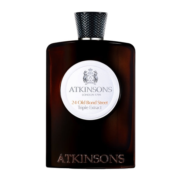 Atkinsons 1799 - 24 Old Bond Street - Triple Extract Flakon in dunklem Glas mit weißem Label und schwarzem Verschluss vor weißem Hintergrund