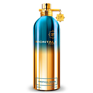 Montale - Tropical Wood Parfumflakon mit blau-goldenem Farbverlauf und goldenem Spraykopf vor weißem Hintergrund