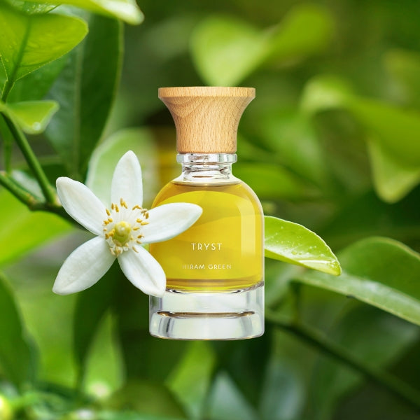 Hiram Green - Tryst Parfumflakon mit klarer Flasche und Holzdeckel vor grünem Blattwerk und Blüte