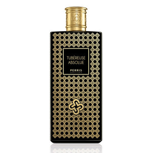 Perris Monte Carlo - Tubéreuse Absolue Flakon in Schwarz mit goldfarbenem Ornamentmuster und goldenem Verschluss vor weißem Hintergrund