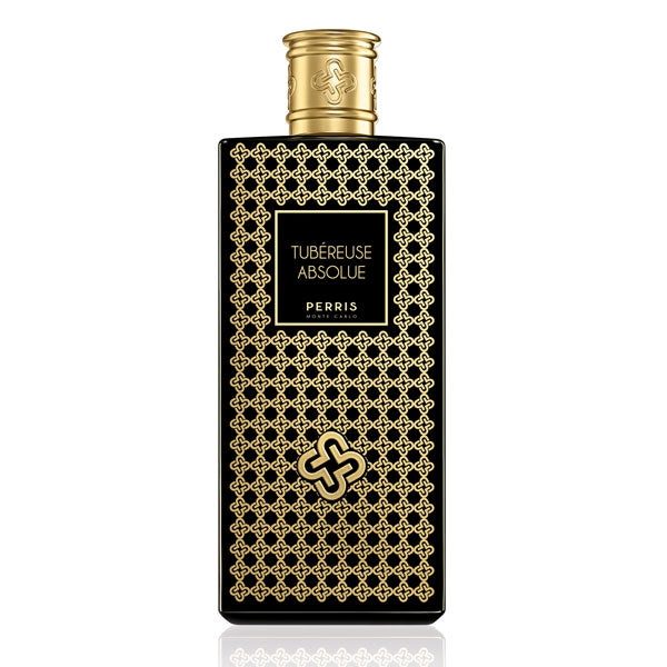 Perris Monte Carlo - Tubéreuse Absolue Flakon in Schwarz mit goldfarbenem Ornamentmuster und goldenem Verschluss vor weißem Hintergrund