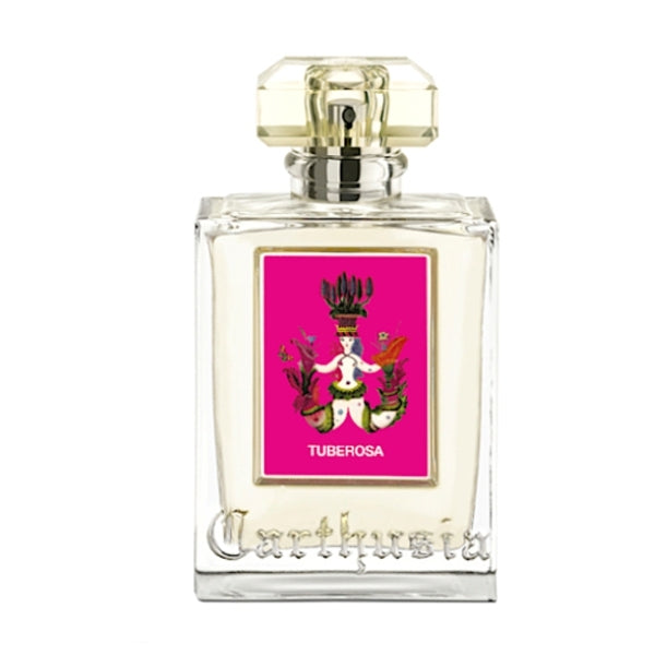 Carthusia - Tuberosa Parfumflakon mit klarem Glas und farbenfrohem Etikett vor weißem Hintergrund