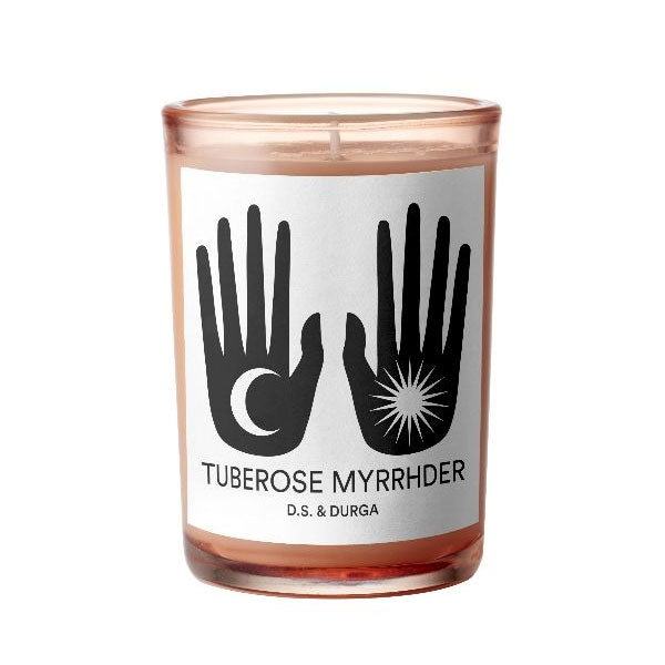 D.S. & Durga - Tuberose Myrrhder - Duftkerze im roségoldenen Glas mit symbolischer Handgrafik und schlichtem Etikett