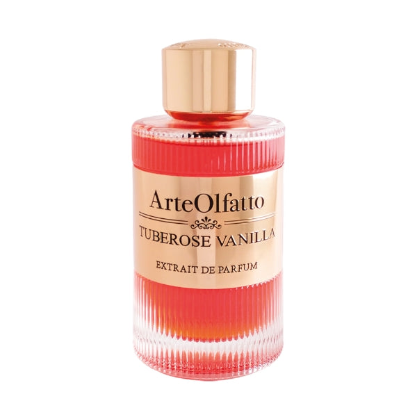 ArteOlfatto - Tuberose Vanilla Parfumflakon mit geriffeltem Glas und goldenem Etikett in warmem Rotton