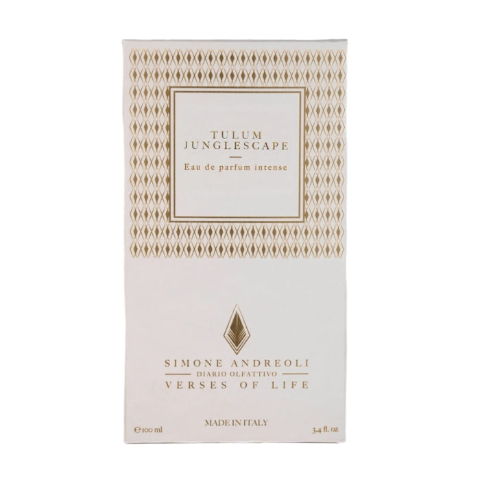 Simone Andreoli - Tulum Junglescape Verpackung in elegantem Weiß mit goldener Ornamente und schlichter Schriftgestaltung