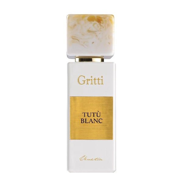 Gritti - White Collection - Tutù Blanc Parfumflakon mit weiß-goldenem Design vor weißem Hintergrund