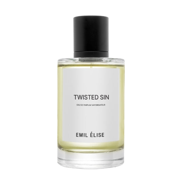 Emil Élise - twisted sin Parfumflakon mit klarem Glas und schwarzem Verschluss vor weißem Hintergrund