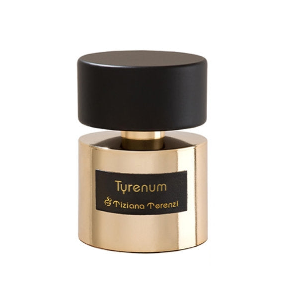 Tiziana Terenzi - Classic Collection - Tyrenum zeigt goldfarbenen Flakon mit schwarzem Verschluss und elegantem Label auf weißem Hintergrund