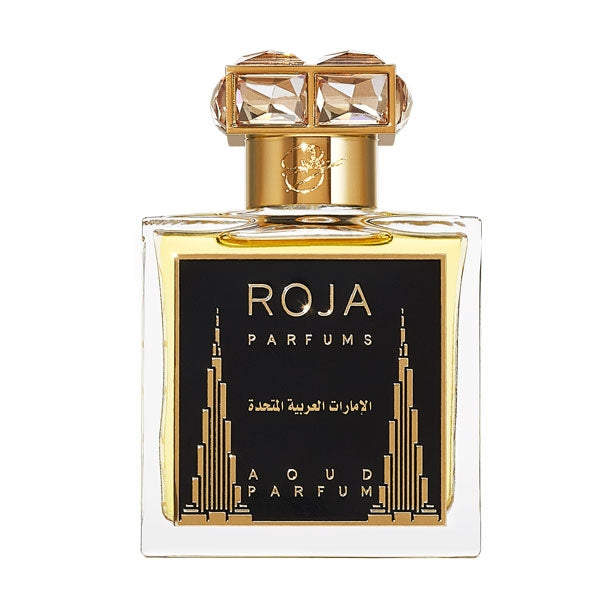 Roja Parfums - UAE - United Arab Emirates - Parfum Flakon mit goldschwarzem Design und edlem Schmucksteinverschluss vor weißem Hintergrund