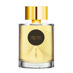 UERMI - UD IKAT Parfumflakon mit goldenem Verschluss und Wellenmuster vor weißem Hintergrund