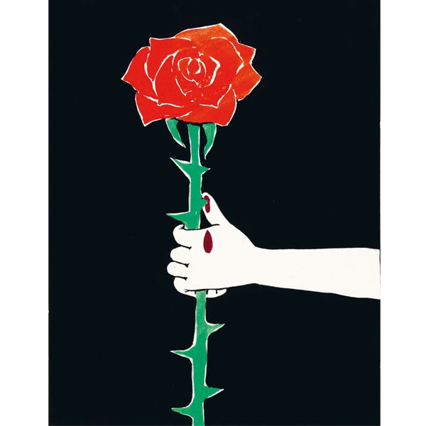 Frédéric Malle - Rose Tonnerre symbolische Illustration einer Hand mit roter Rose vor schwarzem Hintergrund