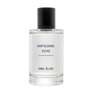Emil Élise - unfolding echo Parfümflakon mit klarem Glas und schwarzem Verschluss vor weißem Hintergrund