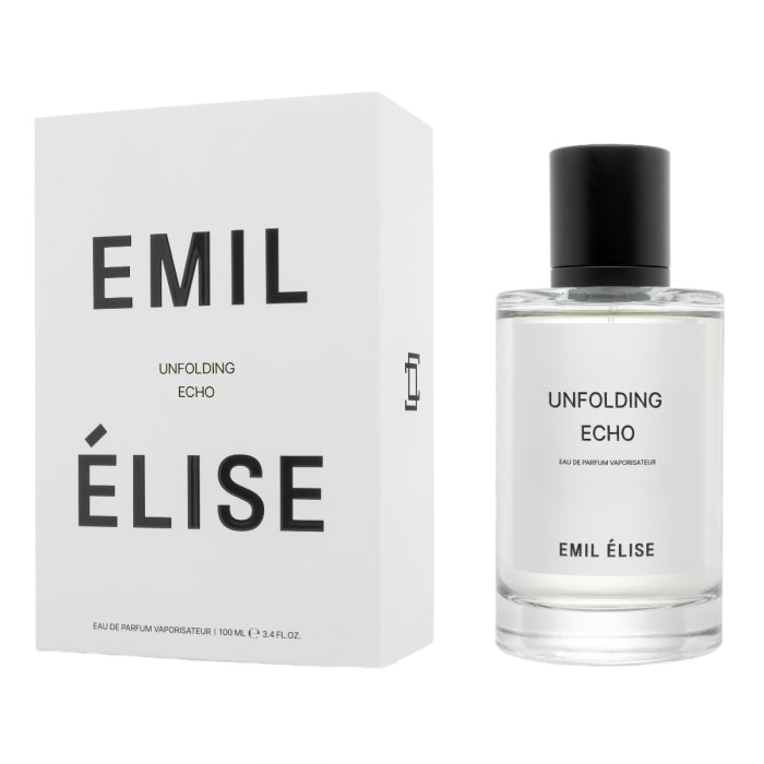 Emil Élise - unfolding echo Parfümflakon mit klarem Glas und schwarzem Deckel neben schlichter weißer Verpackung