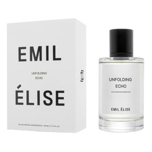Emil Élise - unfolding echo Parfümflakon mit klarem Glas und schwarzem Deckel neben schlichter weißer Verpackung