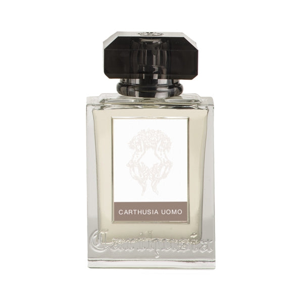 Carthusia - Uomo Parfumflakon mit klarem Glas und markantem schwarzem Verschluss für maskuline Eleganz