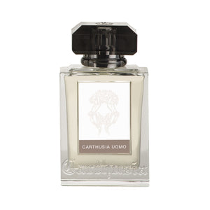 Carthusia - Uomo Parfumflakon mit klarem Glas und markantem schwarzem Verschluss für maskuline Eleganz
